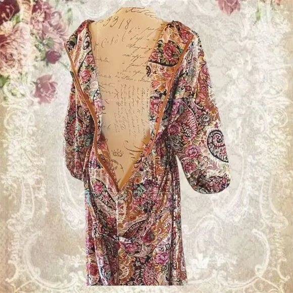 Vintage 1980s Paisley Midi Dress Boho Floral Long Sleeve Back Sash Tie - Picture 7 of 10